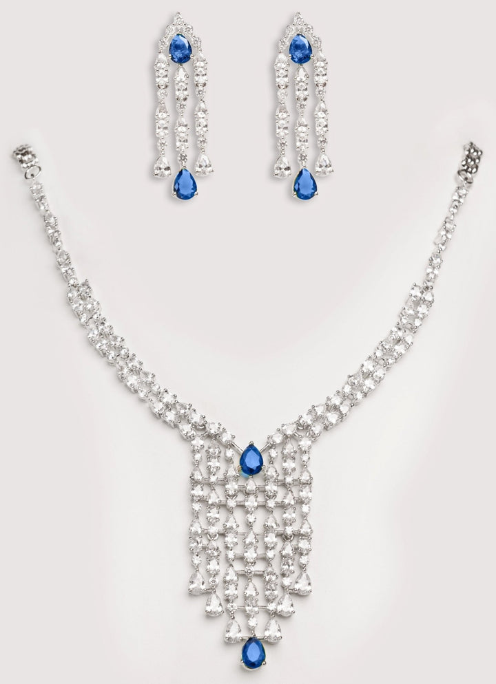 White Finish Diamond Long Necklace Set With Sapphire Stone Zevar by Geeta - Fabilicious Fashion