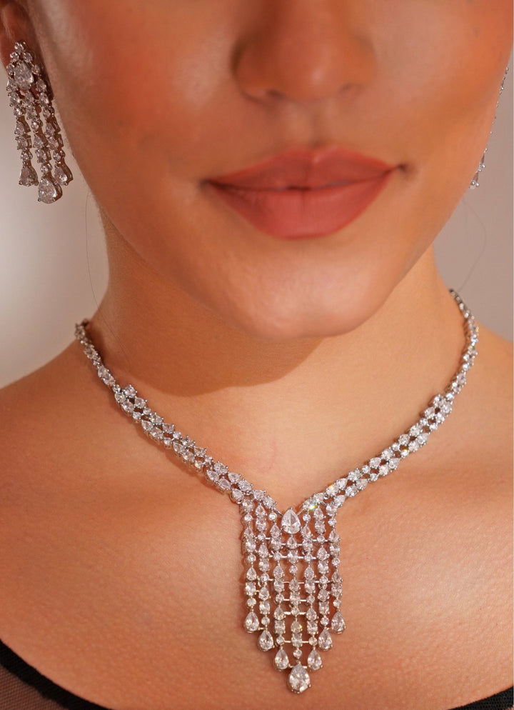 White Finish Diamond Long Necklace Set Zevar by Geeta - Fabilicious Fashion