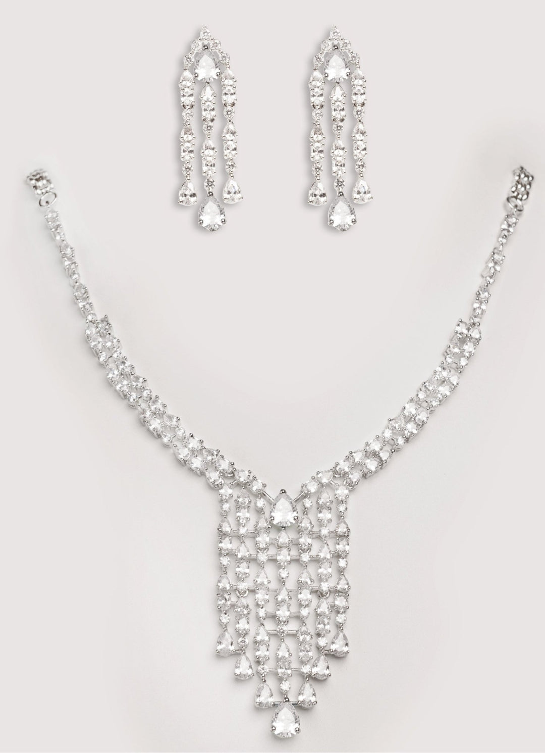 White Finish Diamond Long Necklace Set Zevar by Geeta - Fabilicious Fashion