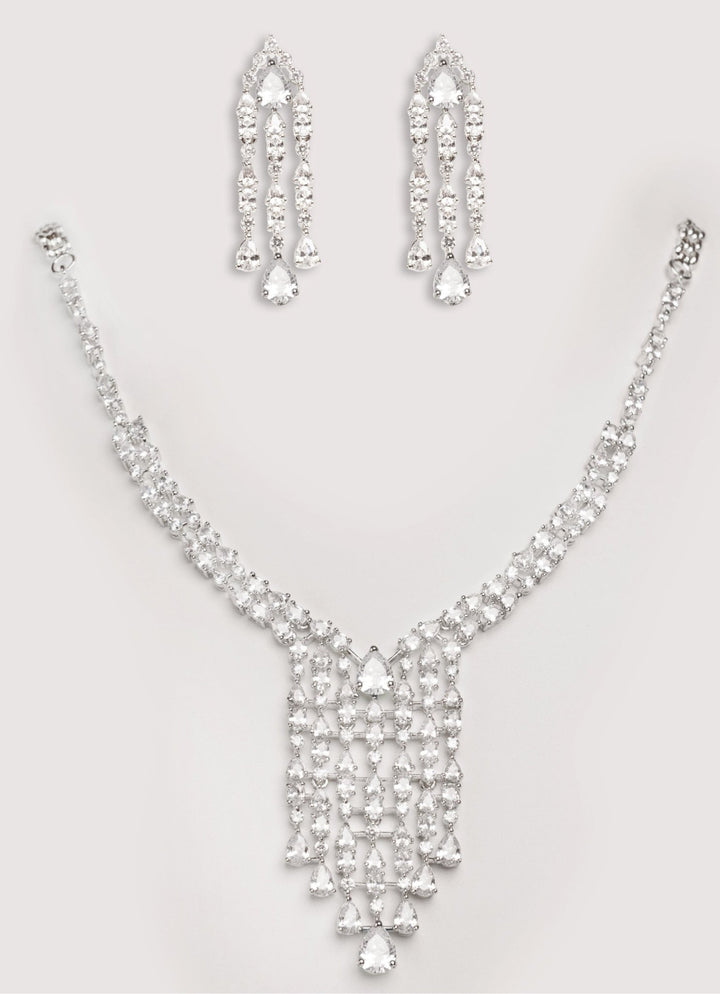 White Finish Diamond Long Necklace Set Zevar by Geeta - Fabilicious Fashion
