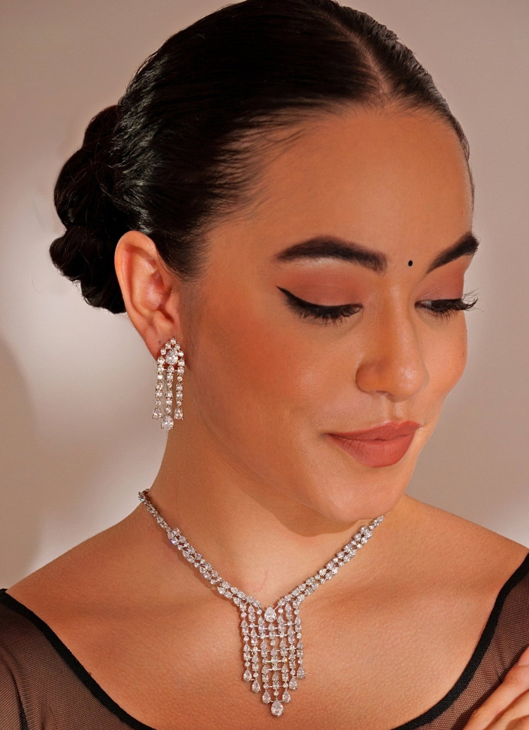 White Finish Diamond Long Necklace Set Zevar by Geeta - Fabilicious Fashion