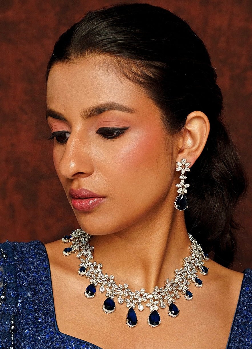 White Finish Diamond Necklace Set With Blue Stones Zevar By Geeta - Fabilicious Fashion