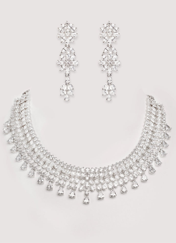 White Finish Diamond Necklace Set With Dangler Earrings Zevar by Geeta - Fabilicious Fashion