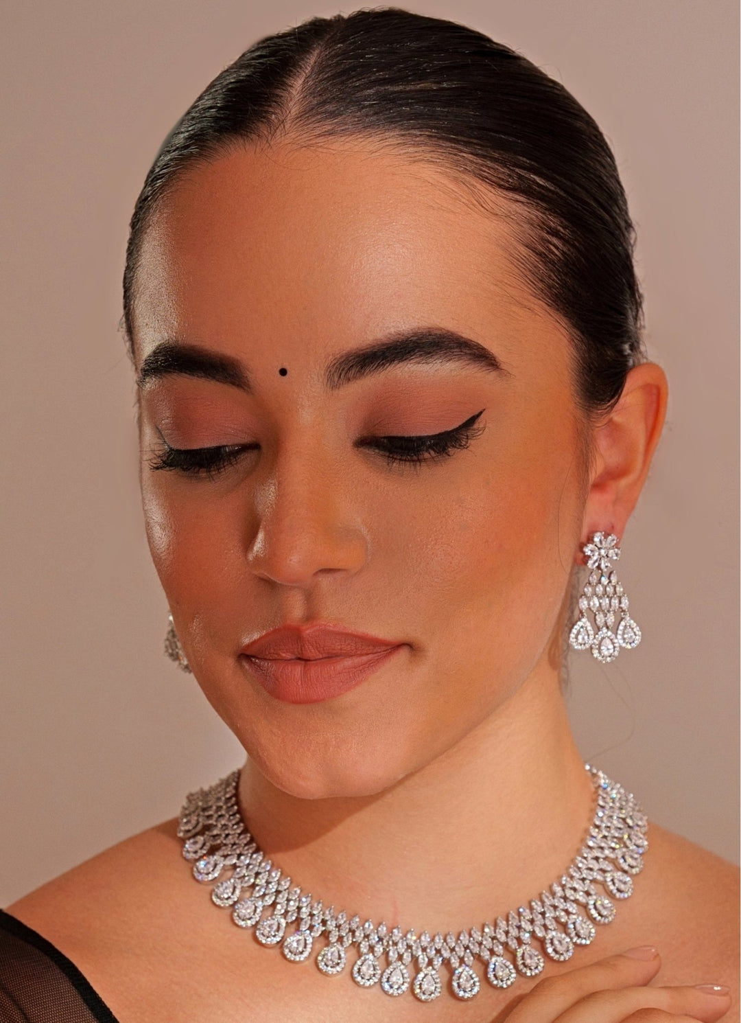 White Finish Diamond Necklace Set With Dangler Earrings Zevar by Geeta - Fabilicious Fashion
