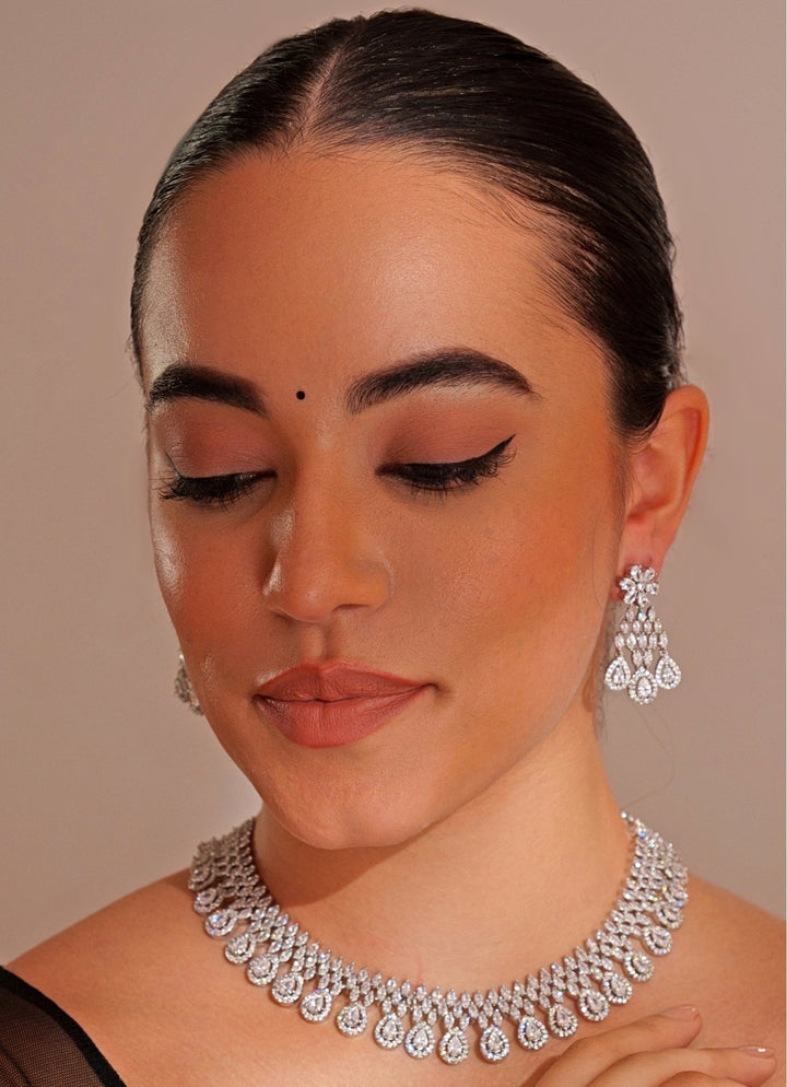 White Finish Diamond Necklace Set With Dangler Earrings Zevar by Geeta - Fabilicious Fashion