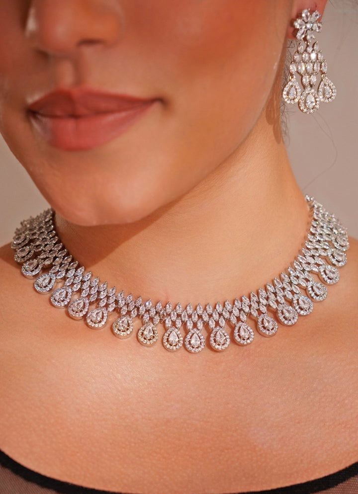 White Finish Diamond Necklace Set With Dangler Earrings Zevar by Geeta - Fabilicious Fashion