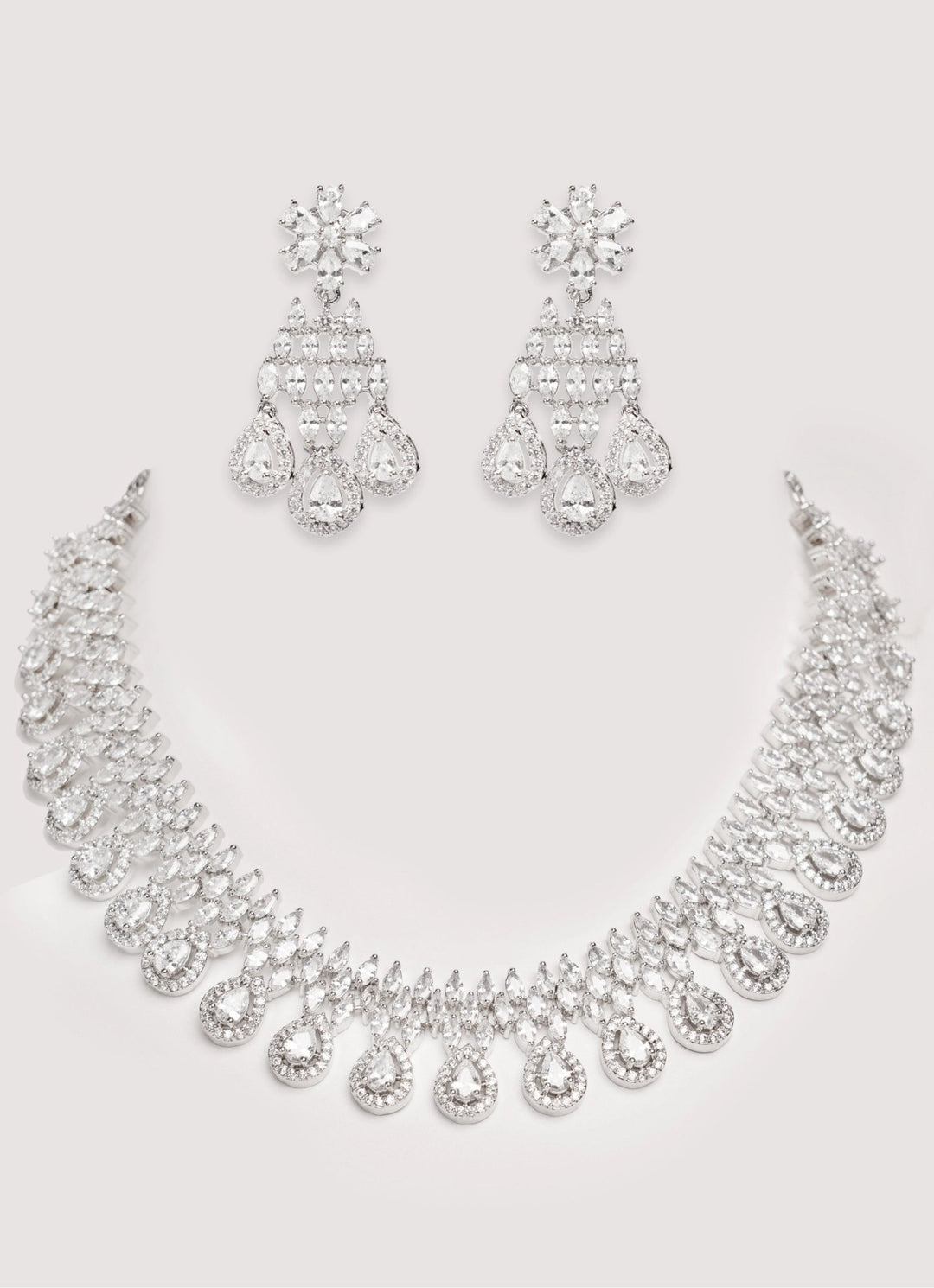 White Finish Diamond Necklace Set With Dangler Earrings Zevar by Geeta - Fabilicious Fashion