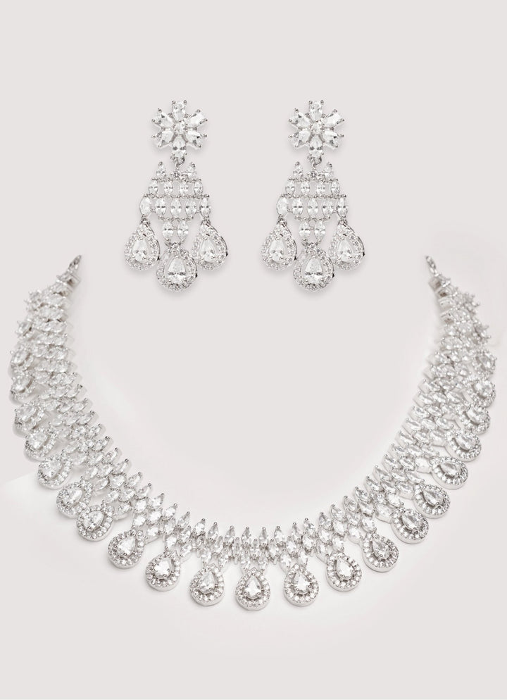 White Finish Diamond Necklace Set With Dangler Earrings Zevar by Geeta - Fabilicious Fashion