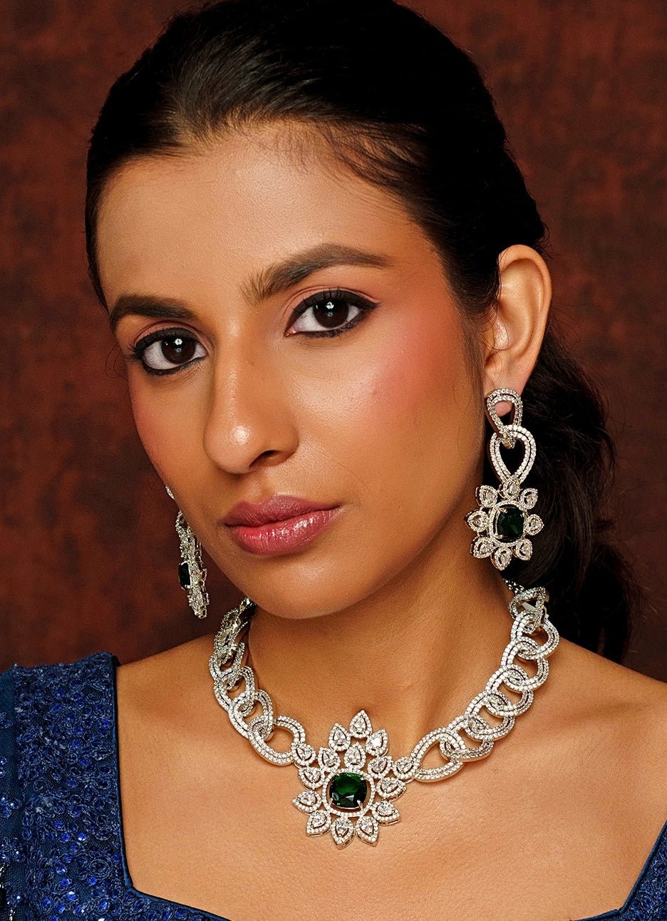 White Finish Diamond Necklace Set With Green Stones Zevar By Geeta - Fabilicious Fashion