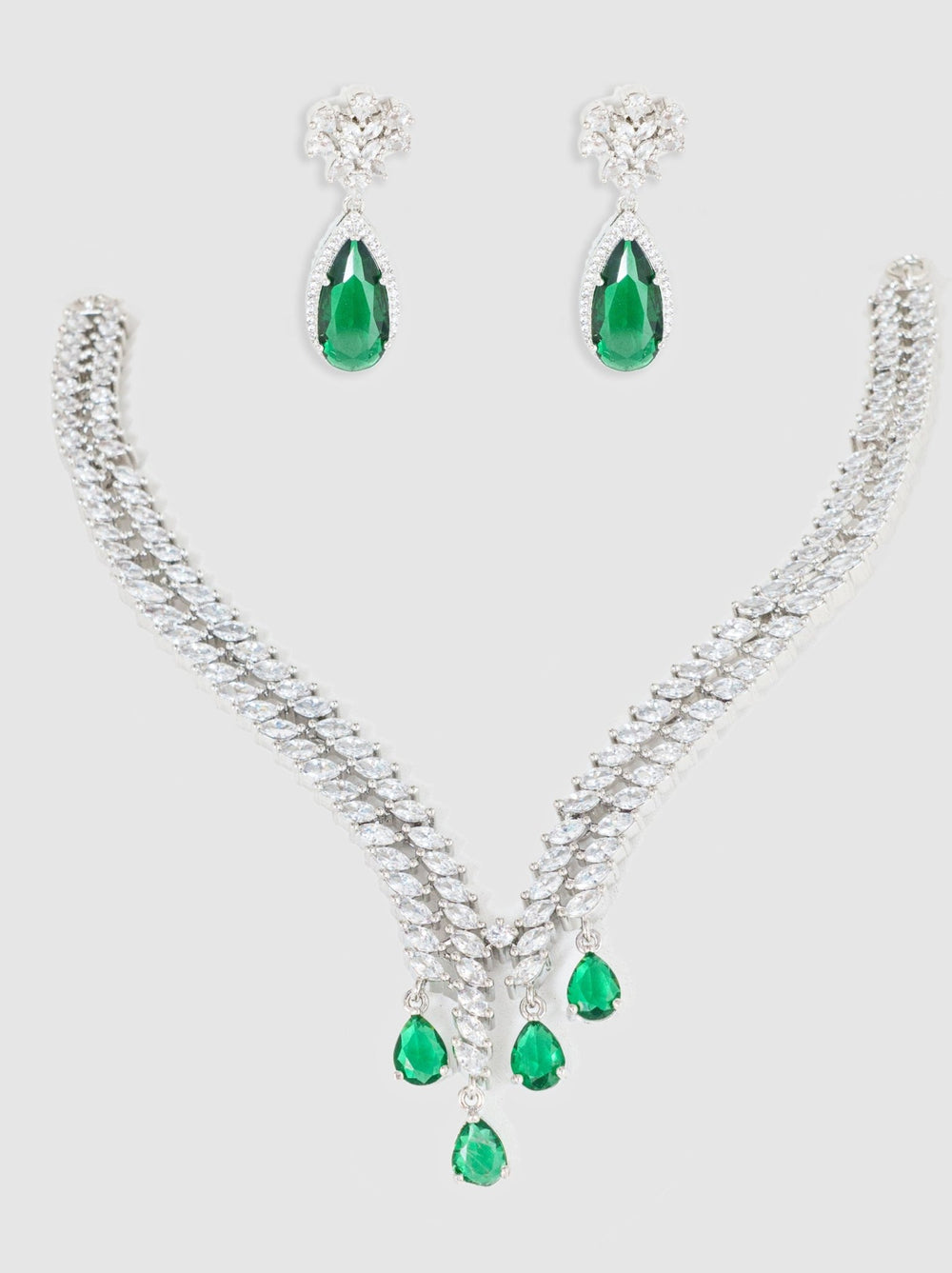 White Finish Diamond Necklace Set With Green Stones Zevar By Geeta - Fabilicious Fashion