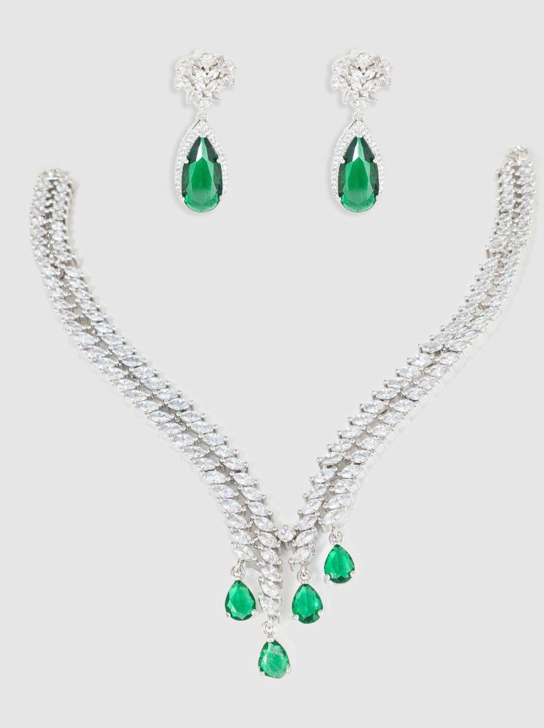 White Finish Diamond Necklace Set With Green Stones Zevar By Geeta - Fabilicious Fashion