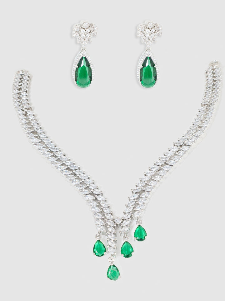 White Finish Diamond Necklace Set With Green Stones Zevar By Geeta - Fabilicious Fashion