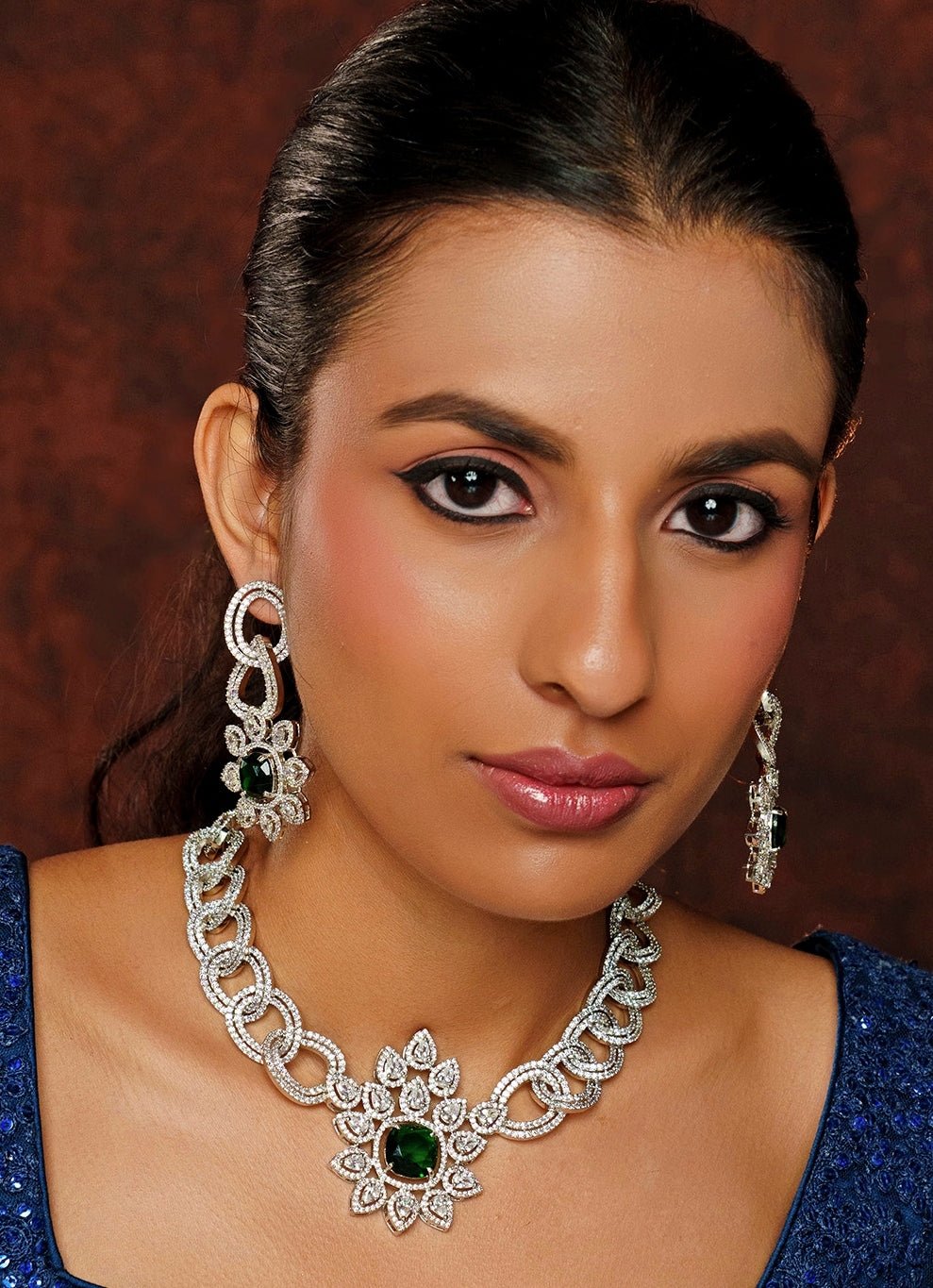 White Finish Diamond Necklace Set With Green Stones Zevar By Geeta - Fabilicious Fashion