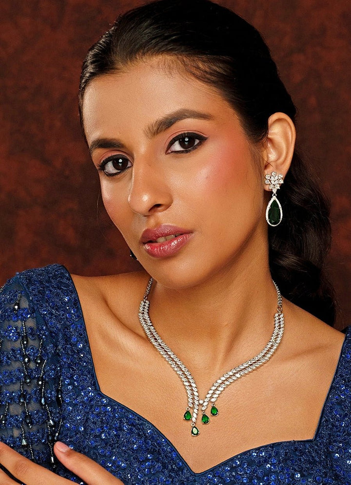 White Finish Diamond Necklace Set With Green Stones Zevar By Geeta - Fabilicious Fashion