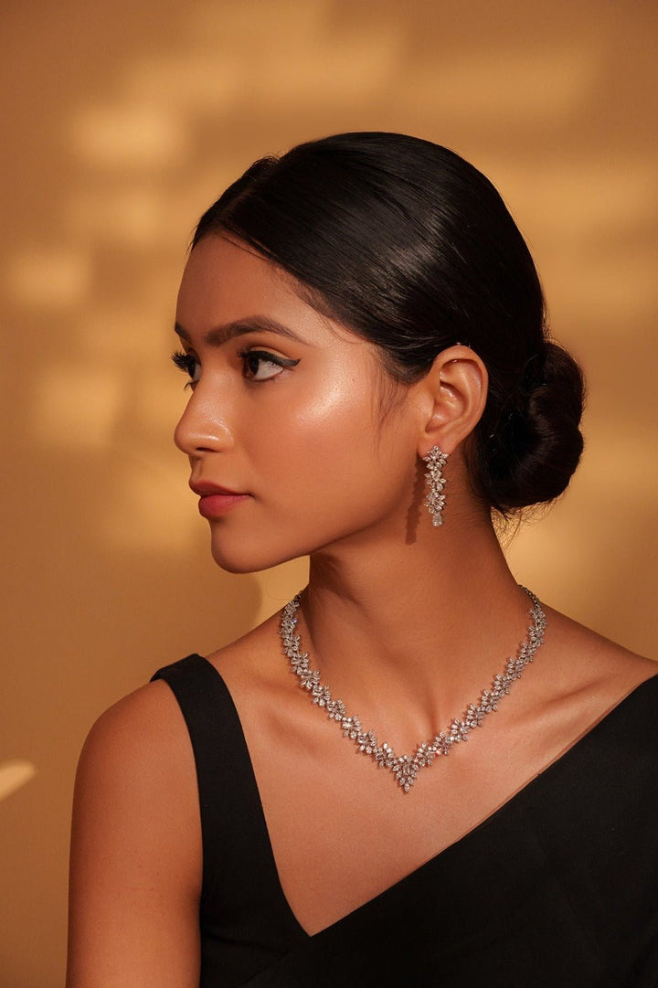 White Finish Diamond Necklace Set Zevar by Geeta - Fabilicious Fashion