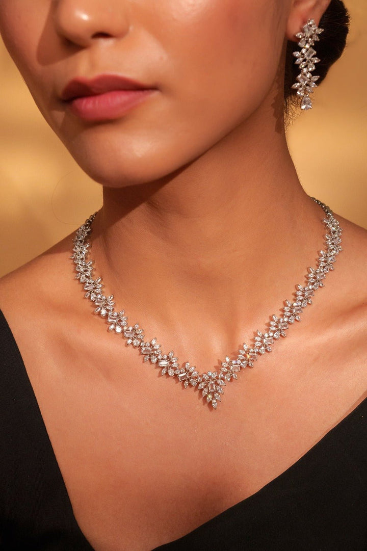 White Finish Diamond Necklace Set Zevar by Geeta - Fabilicious Fashion