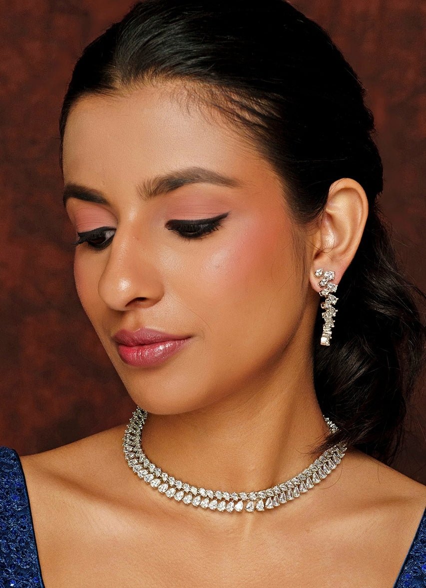 White Finish Diamond Necklace Set Zevar By Geeta - Fabilicious Fashion