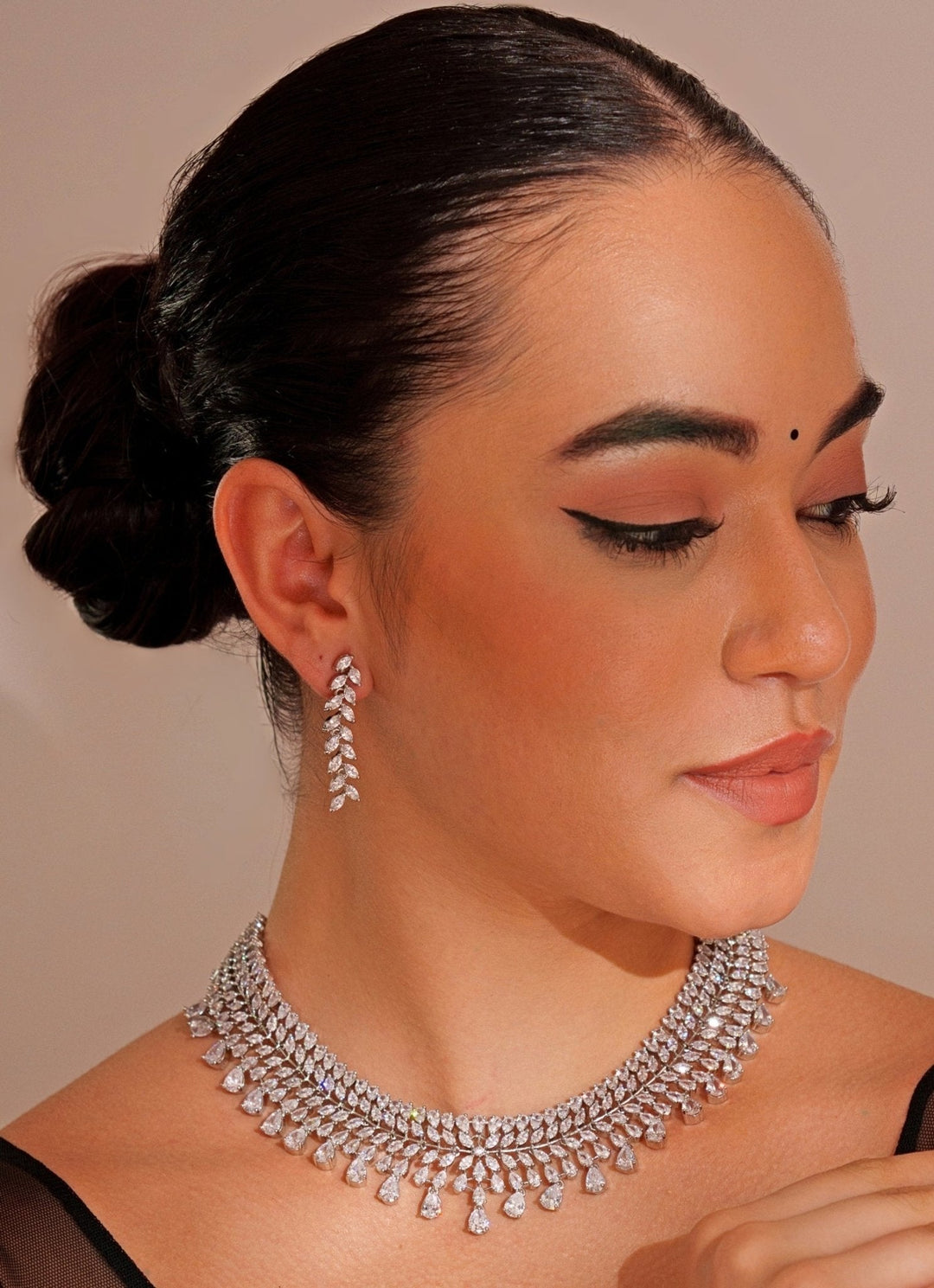 White Finish Diamond Pendant Necklace Set With Earrings Zevar by Geeta - Fabilicious Fashion