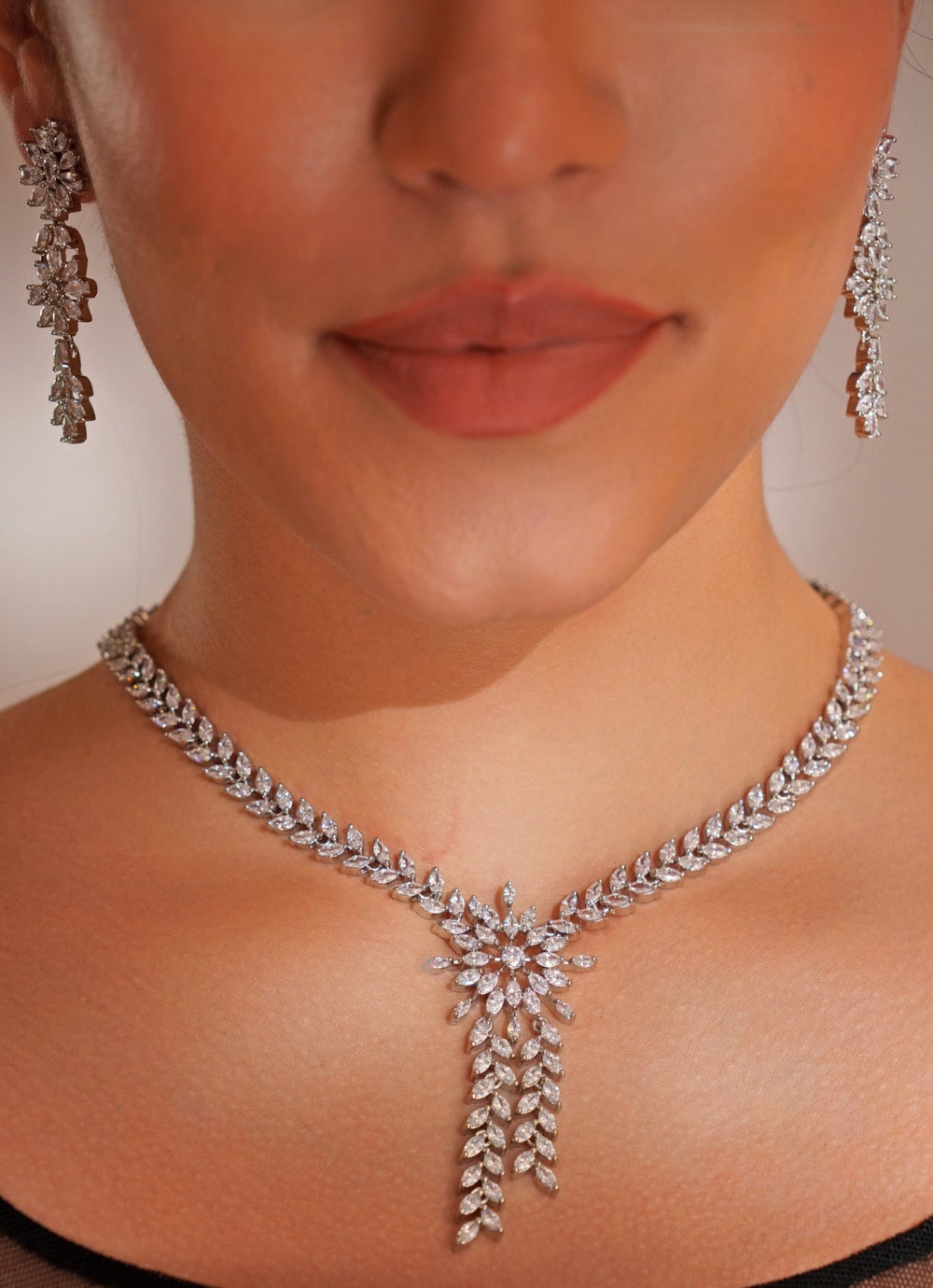 White Finish Diamond Pendant Necklace Set With Earrings Zevar by Geeta - Fabilicious Fashion