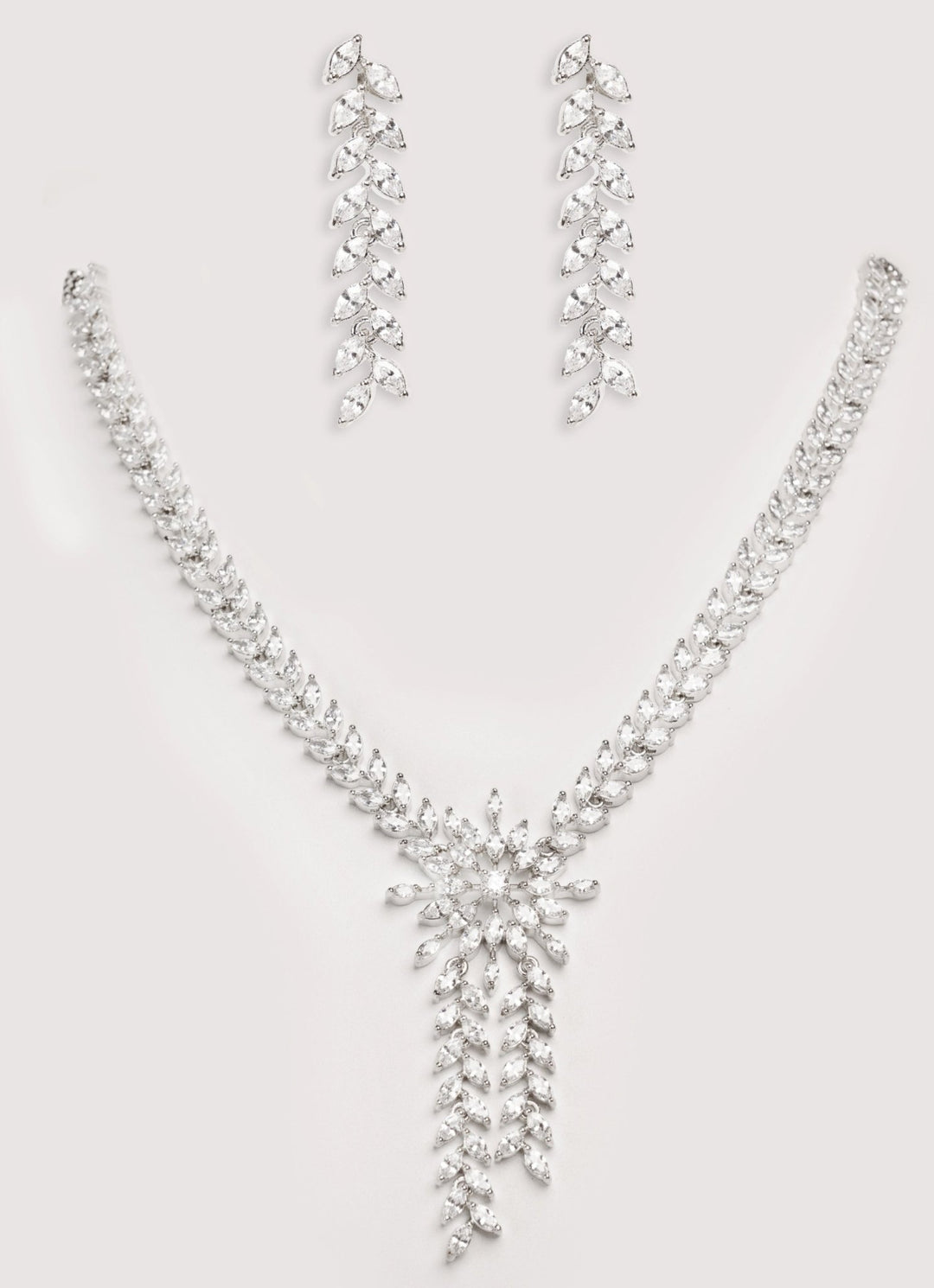 White Finish Diamond Pendant Necklace Set With Earrings Zevar by Geeta - Fabilicious Fashion