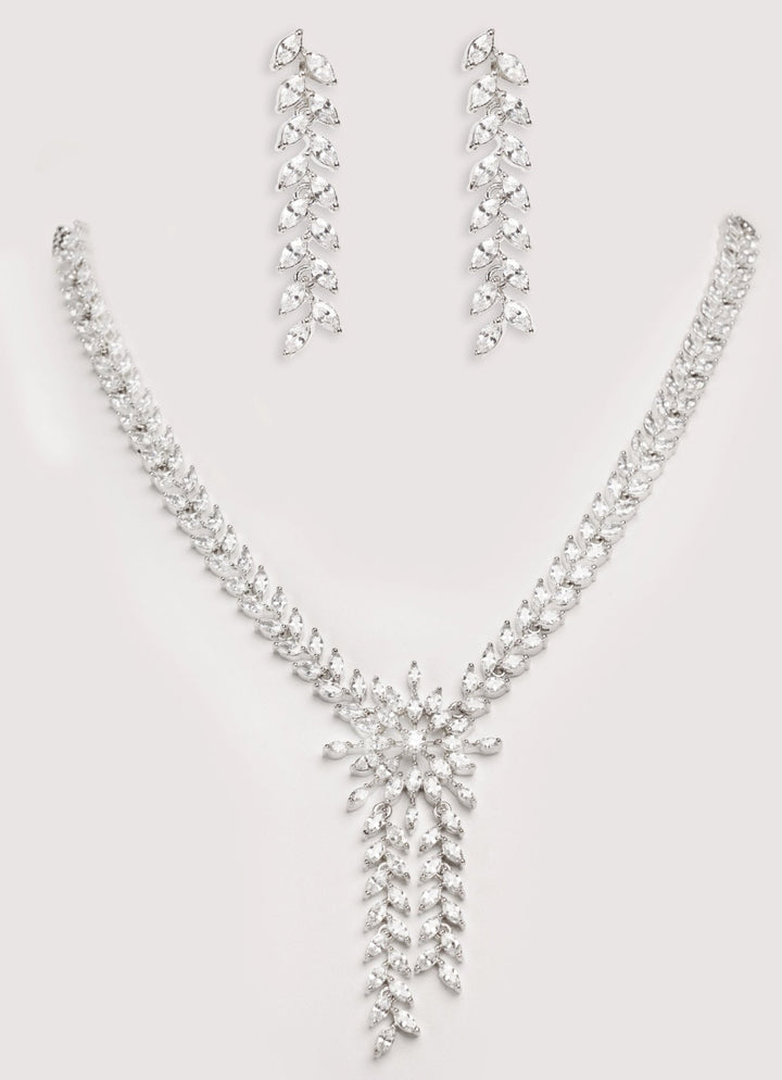 White Finish Diamond Pendant Necklace Set With Earrings Zevar by Geeta - Fabilicious Fashion