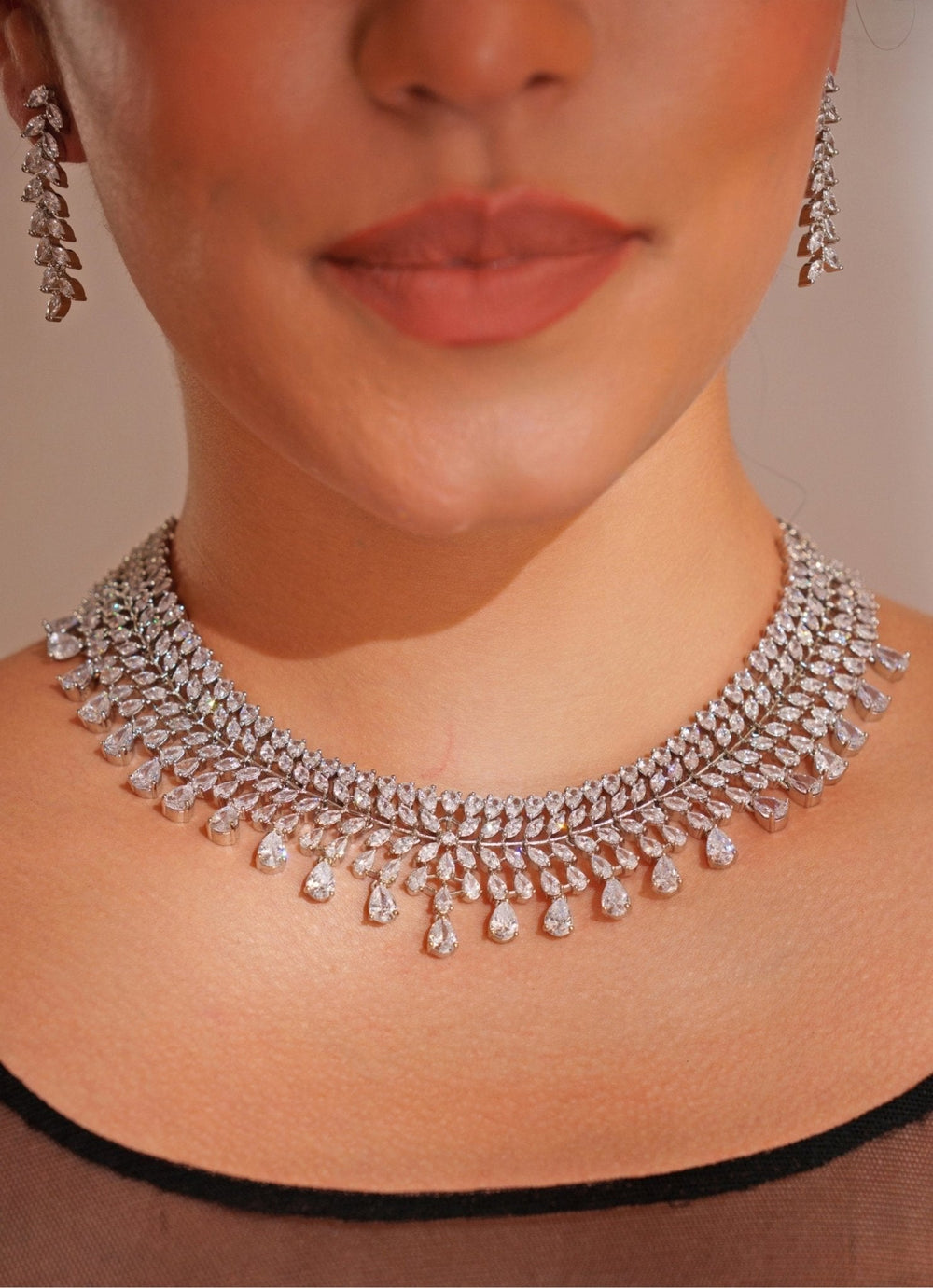 White Finish Diamond Pendant Necklace Set With Earrings Zevar by Geeta - Fabilicious Fashion
