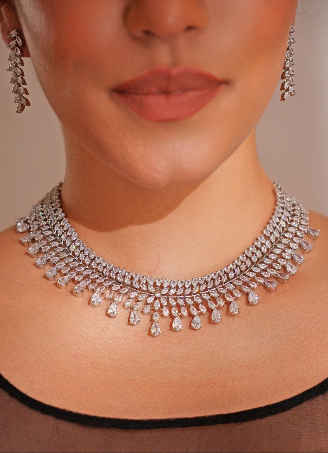 White Finish Diamond Pendant Necklace Set With Earrings Zevar by Geeta - Fabilicious Fashion