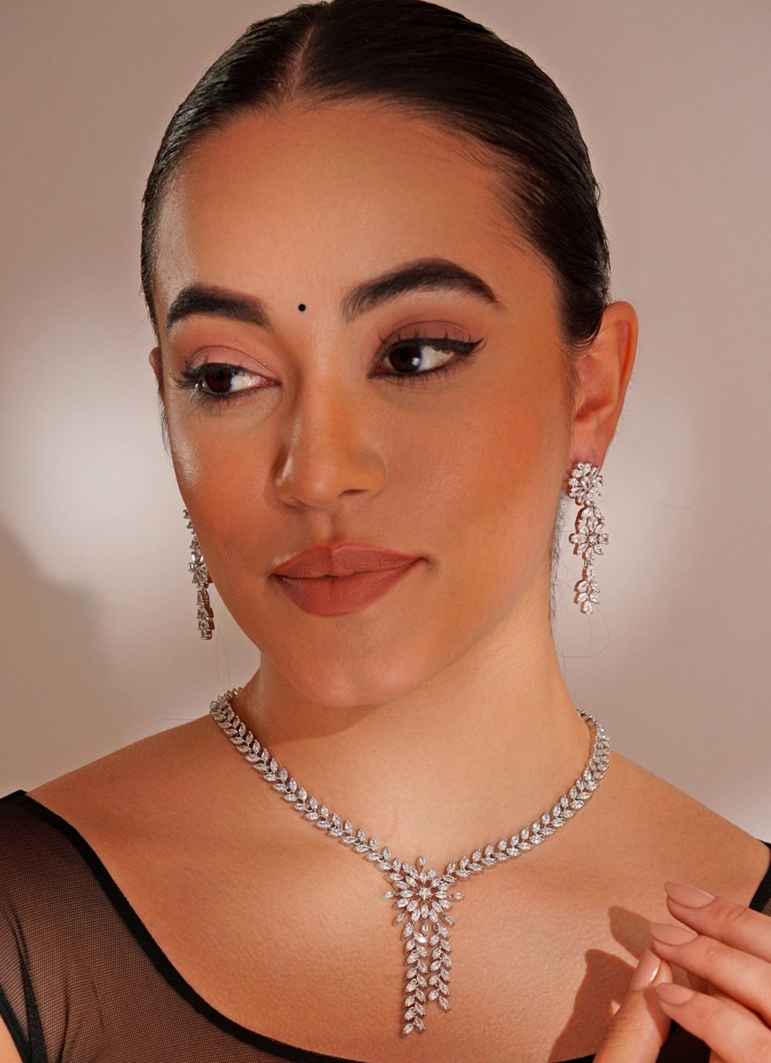 White Finish Diamond Pendant Necklace Set With Earrings Zevar by Geeta - Fabilicious Fashion