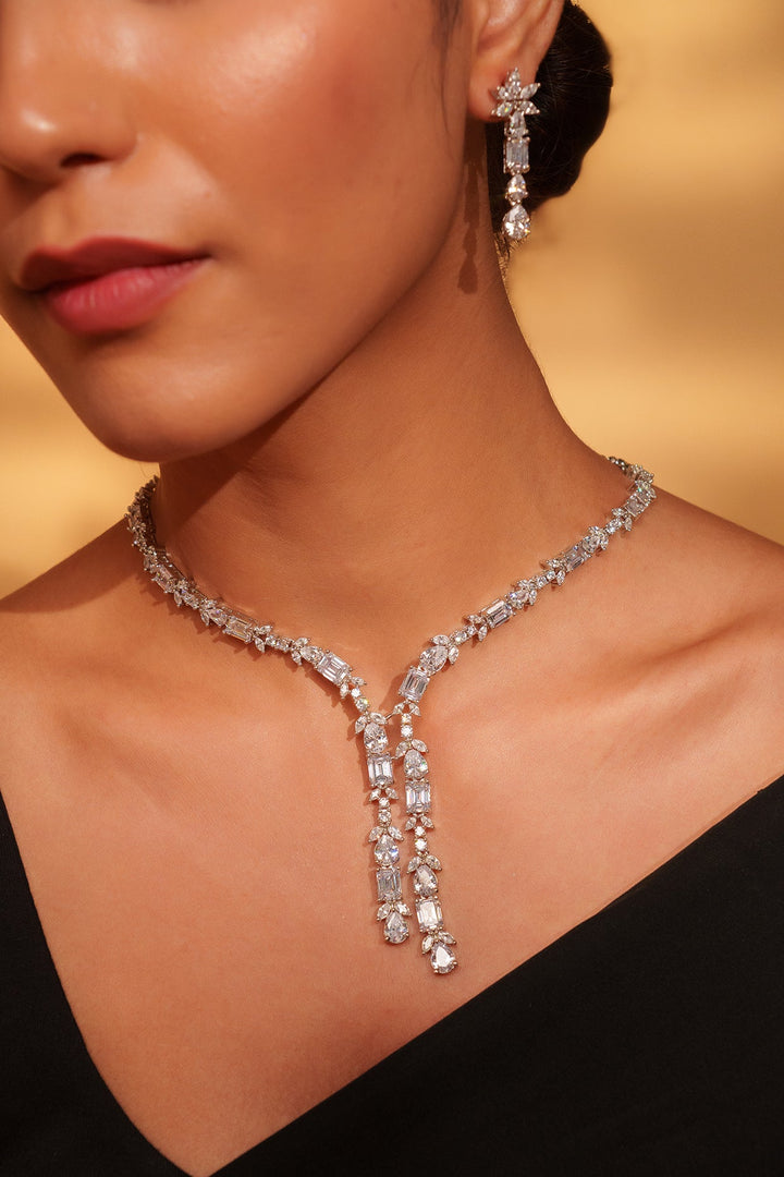 White Finish Diamond Pendant Necklace Set Zevar by Geeta - Fabilicious Fashion