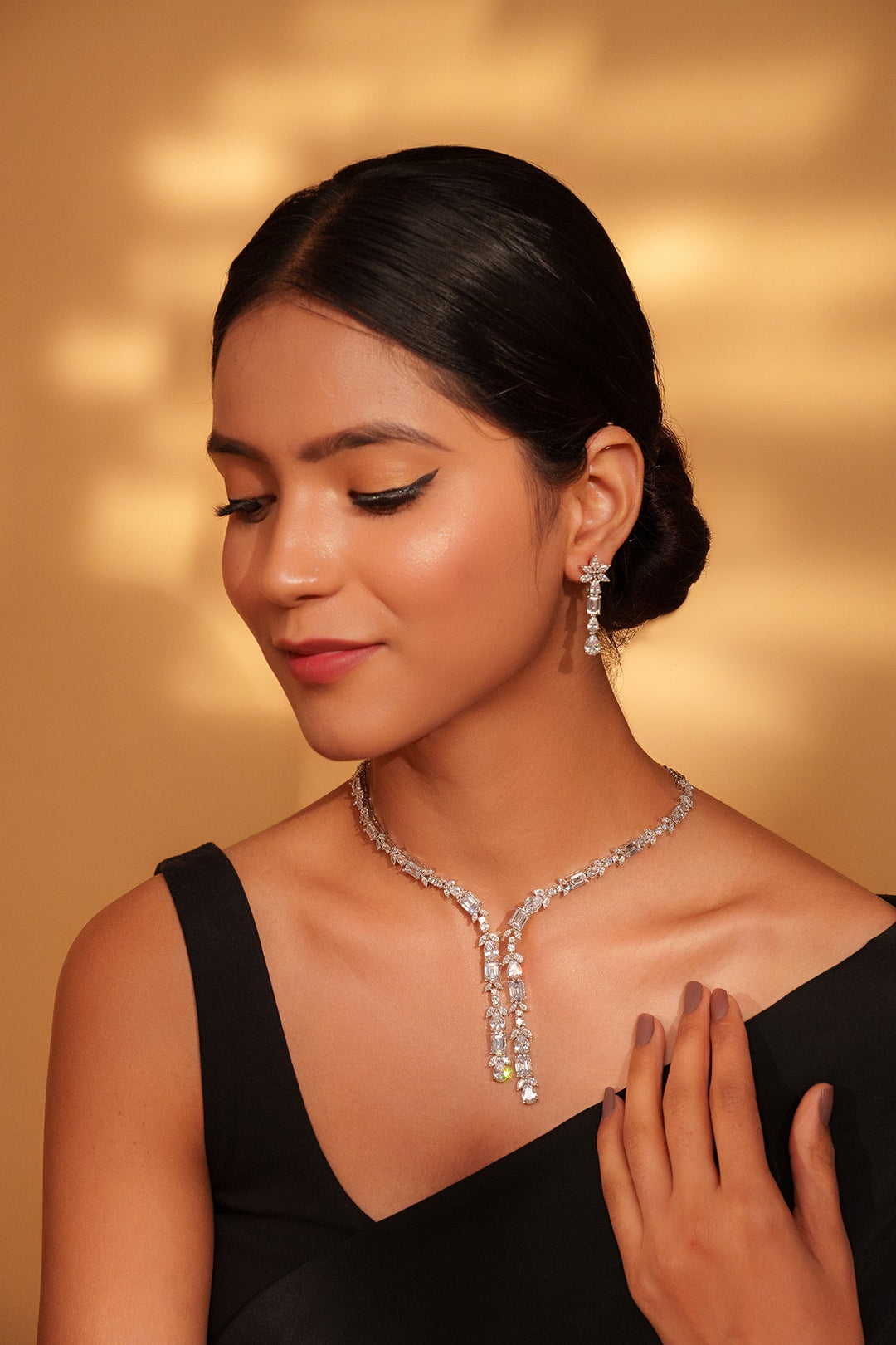 White Finish Diamond Pendant Necklace Set Zevar by Geeta - Fabilicious Fashion