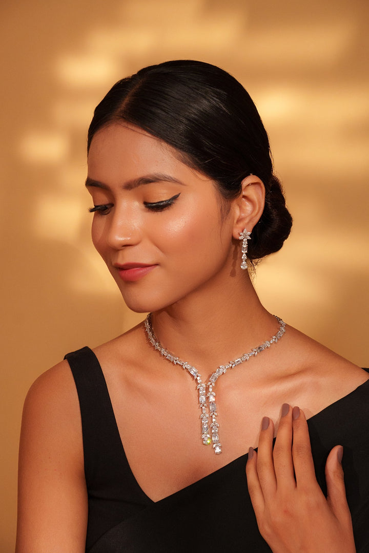 White Finish Diamond Pendant Necklace Set Zevar by Geeta - Fabilicious Fashion