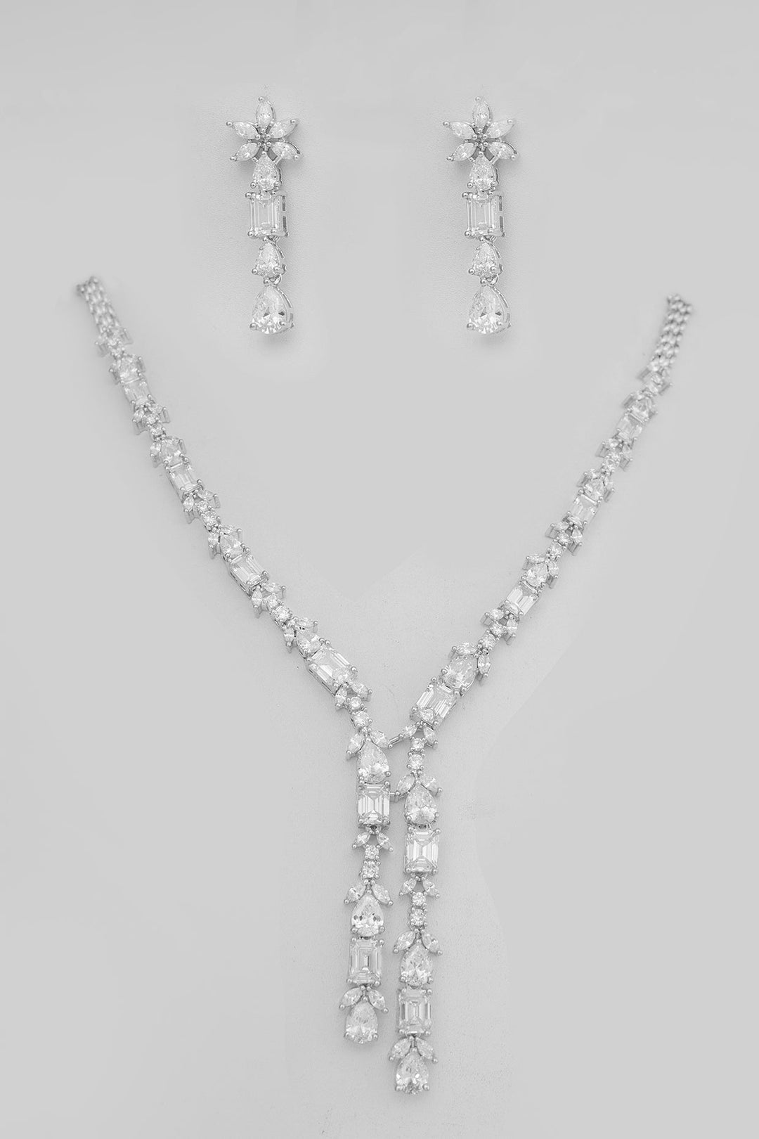 White Finish Diamond Pendant Necklace Set Zevar by Geeta - Fabilicious Fashion
