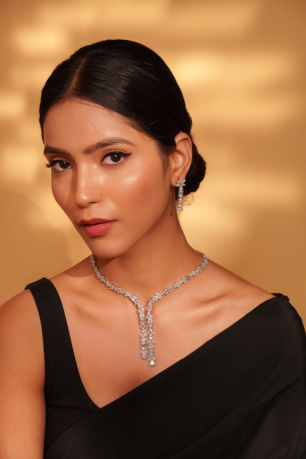 White Finish Diamond Pendant Necklace Set Zevar by Geeta - Fabilicious Fashion