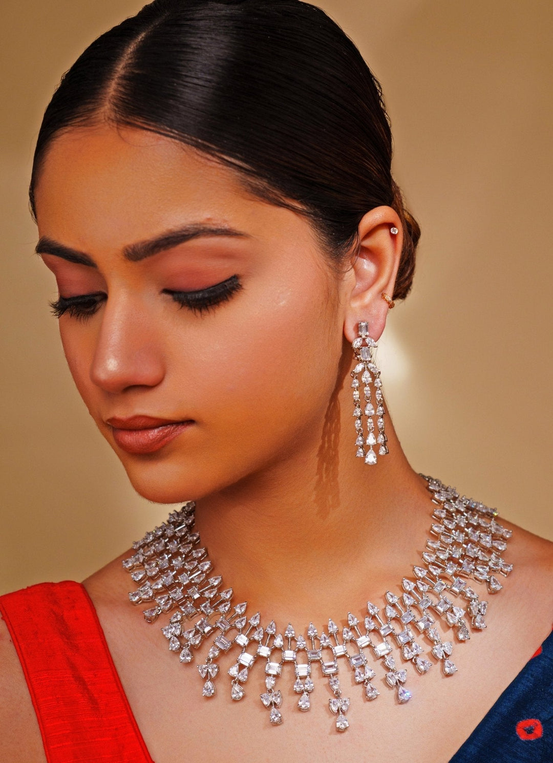 White Finish Diamond Teardrop Necklace Set Zevar by Geeta - Fabilicious Fashion