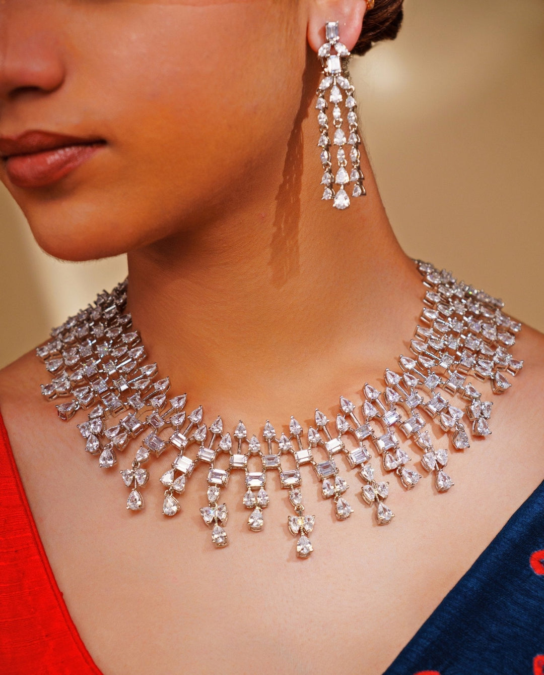 White Finish Diamond Teardrop Necklace Set Zevar by Geeta - Fabilicious Fashion