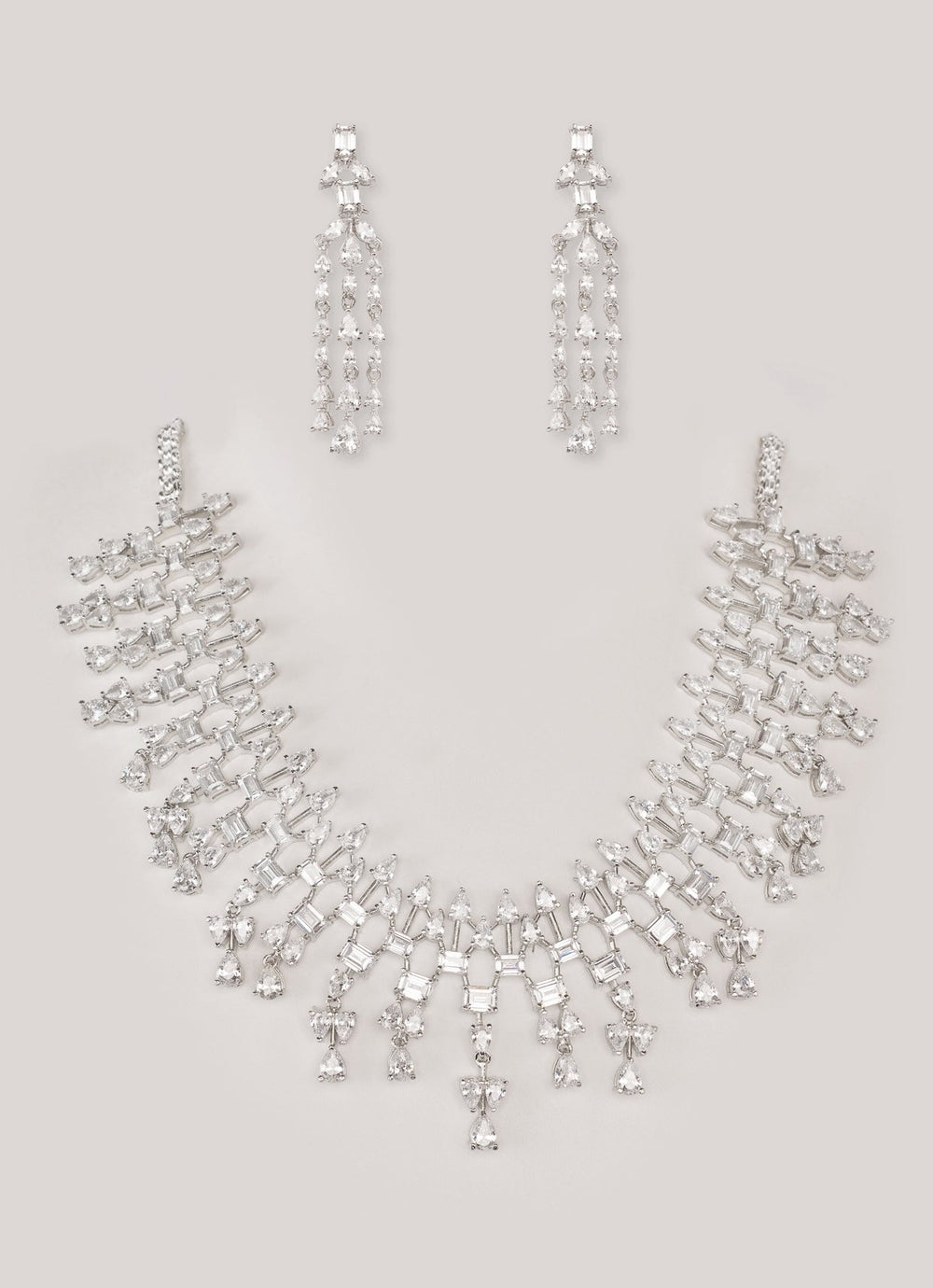 White Finish Diamond Teardrop Necklace Set Zevar by Geeta - Fabilicious Fashion