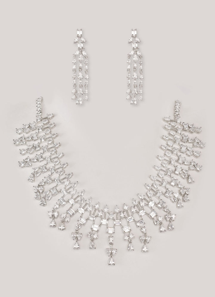 White Finish Diamond Teardrop Necklace Set Zevar by Geeta - Fabilicious Fashion