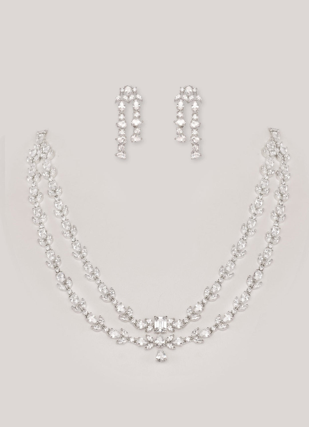 White Finish Double Layered Diamond Necklace Set Zevar by Geeta - Fabilicious Fashion