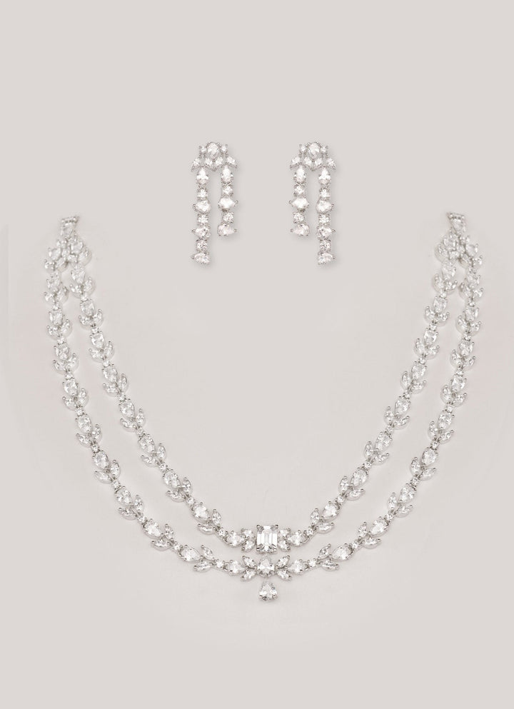 White Finish Double Layered Diamond Necklace Set Zevar by Geeta - Fabilicious Fashion