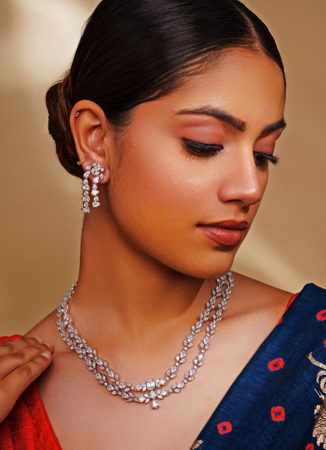 White Finish Double Layered Diamond Necklace Set Zevar by Geeta - Fabilicious Fashion