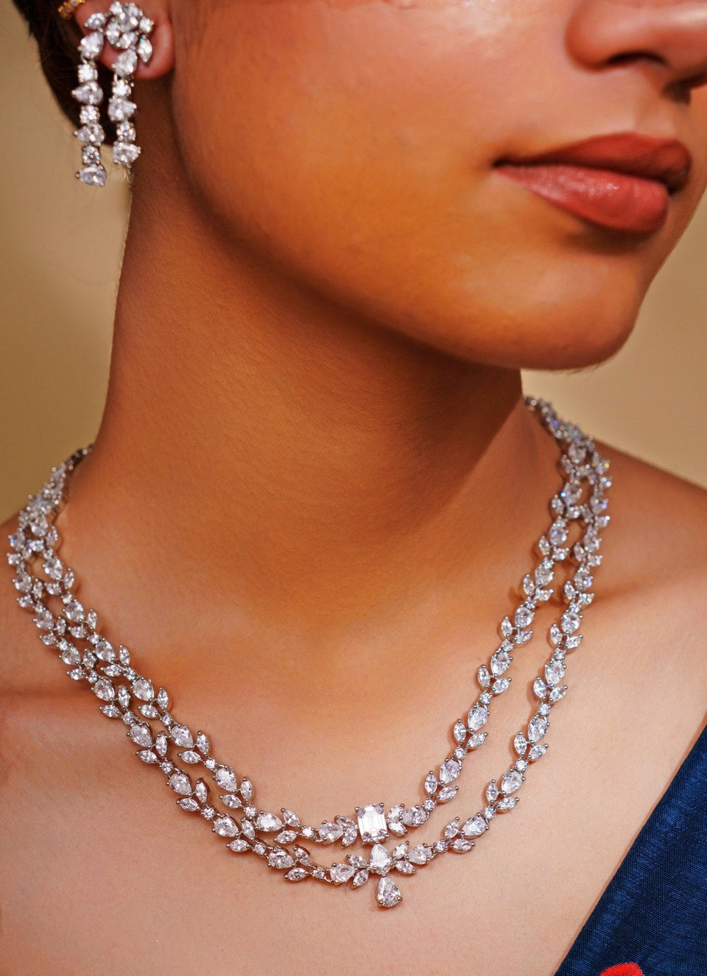 White Finish Double Layered Diamond Necklace Set Zevar by Geeta - Fabilicious Fashion
