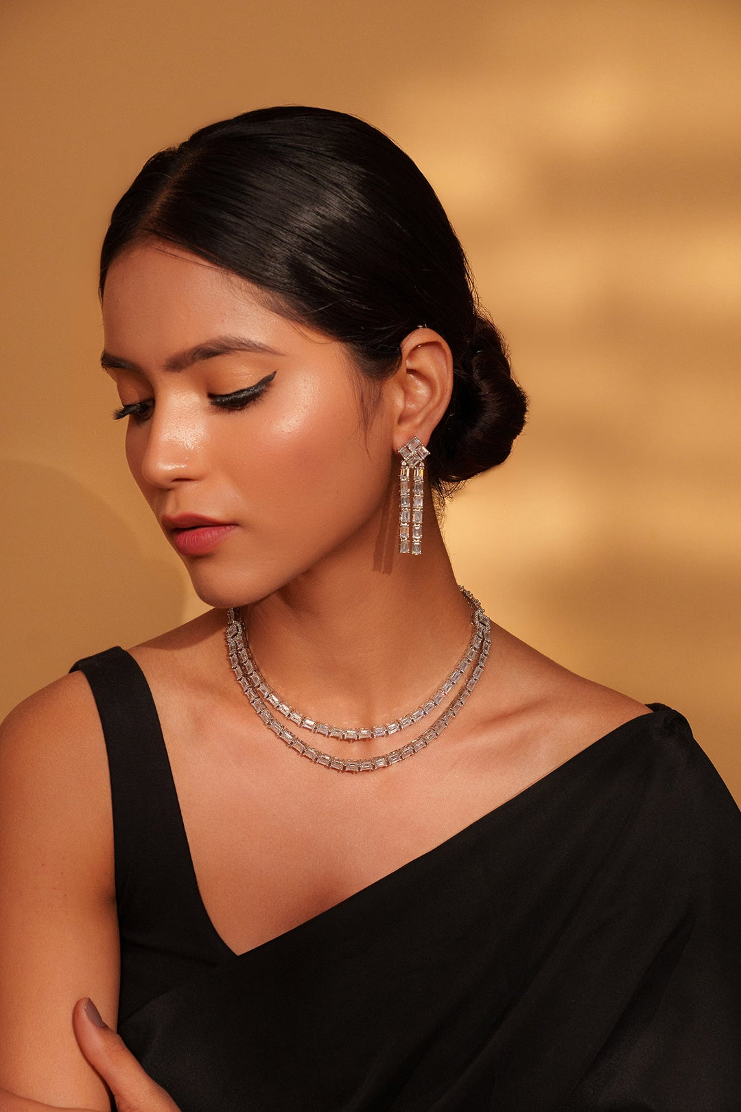 White Finish Double Layered Diamond Necklace With Earrings Zevar by Geeta - Fabilicious Fashion