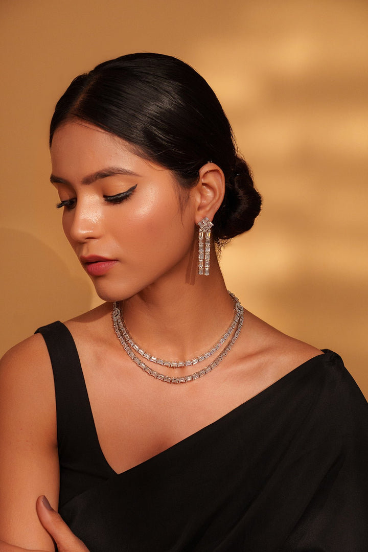 White Finish Double Layered Diamond Necklace With Earrings Zevar by Geeta - Fabilicious Fashion