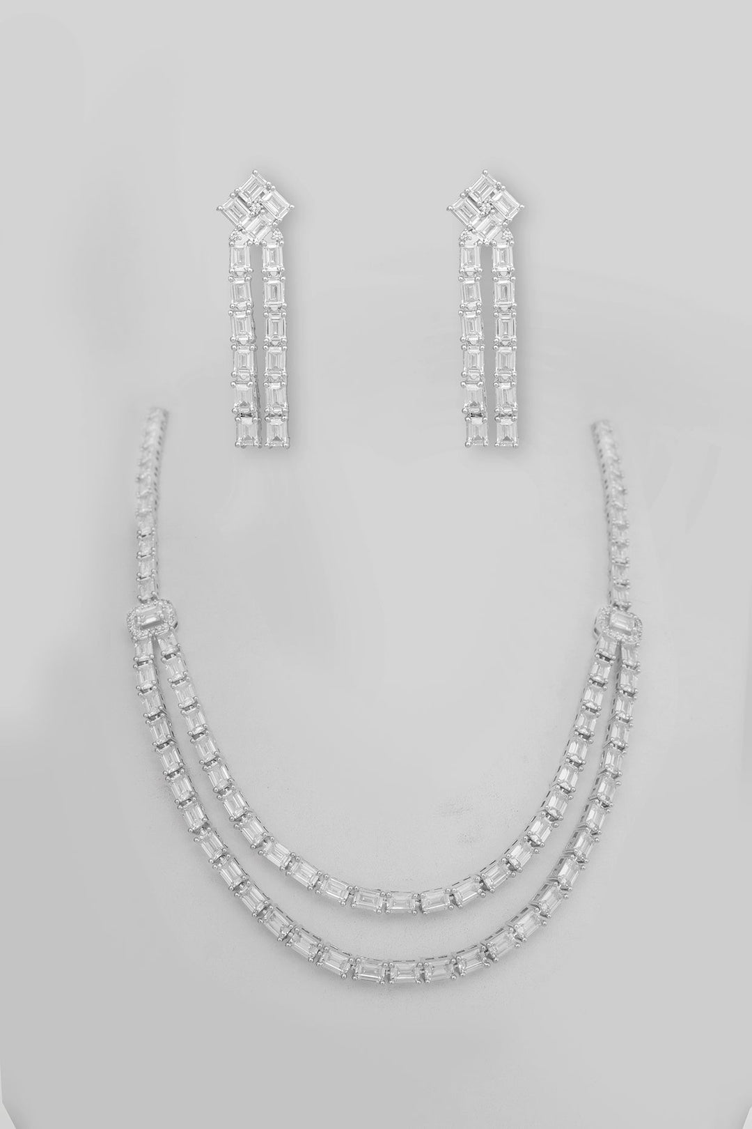 White Finish Double Layered Diamond Necklace With Earrings Zevar by Geeta - Fabilicious Fashion