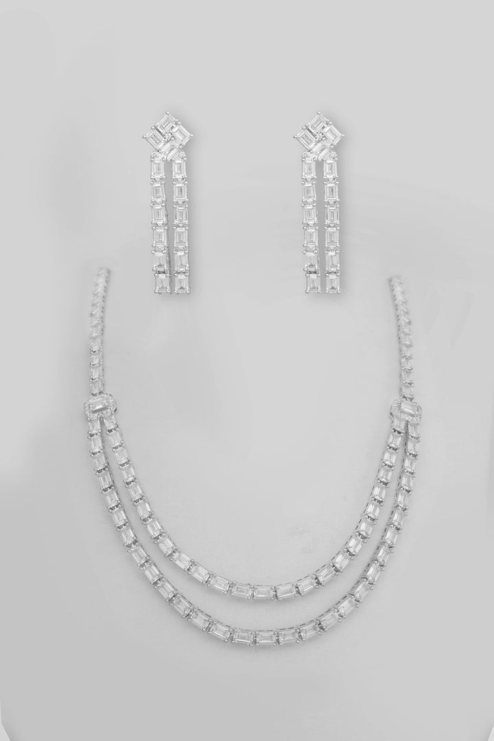 White Finish Double Layered Diamond Necklace With Earrings Zevar by Geeta - Fabilicious Fashion