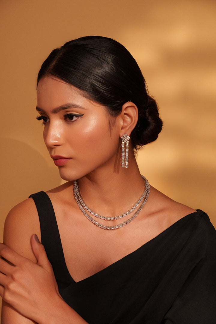 White Finish Double Layered Diamond Necklace With Earrings Zevar by Geeta - Fabilicious Fashion