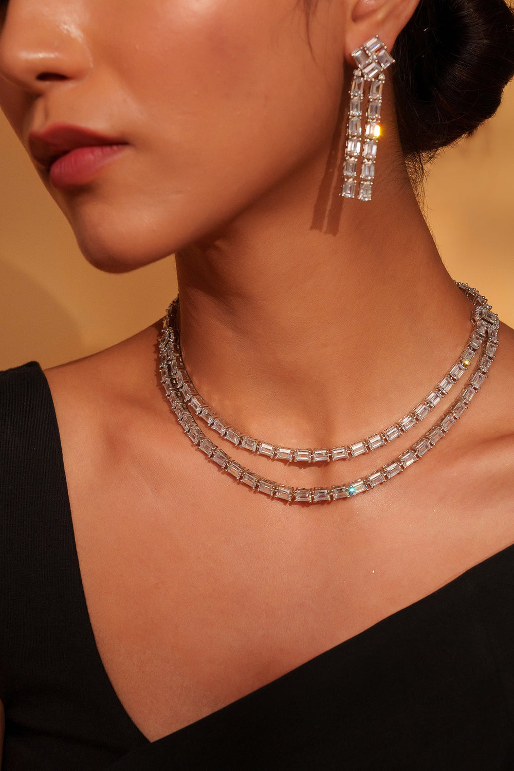 White Finish Double Layered Diamond Necklace With Earrings Zevar by Geeta - Fabilicious Fashion