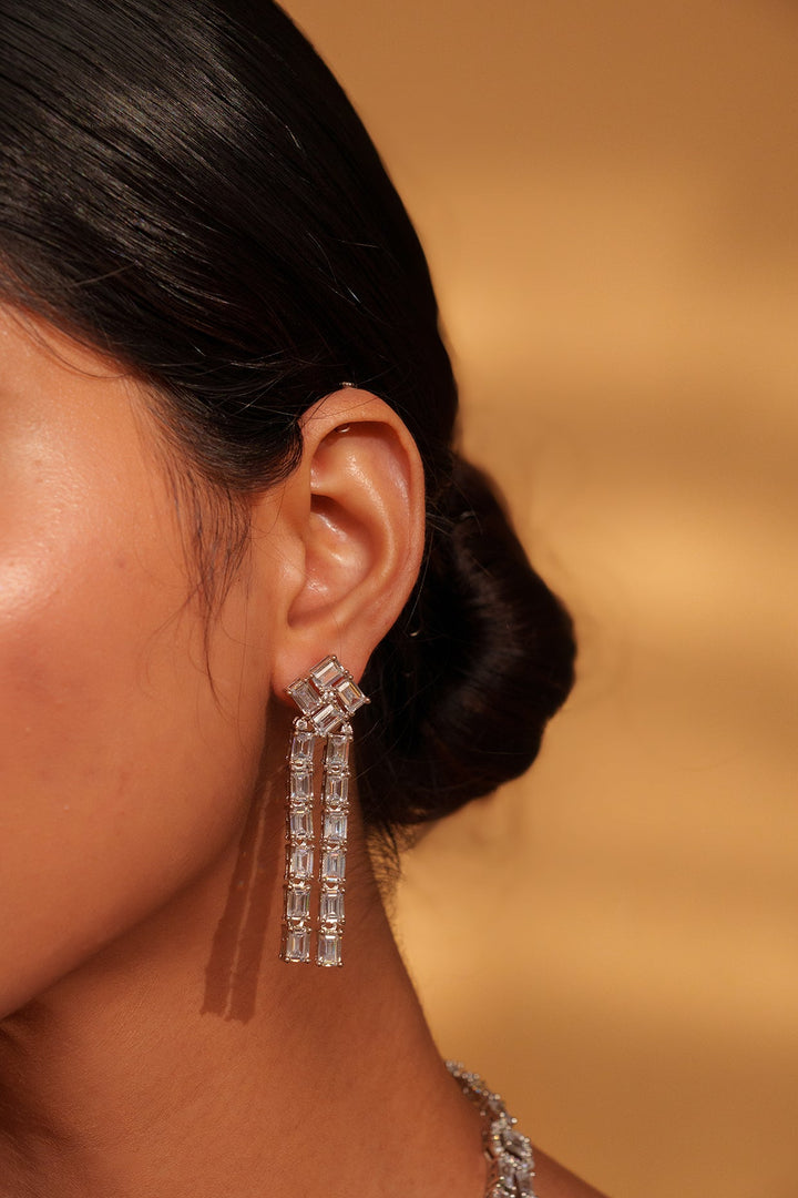 White Finish Double Layered Diamond Necklace With Earrings Zevar by Geeta - Fabilicious Fashion