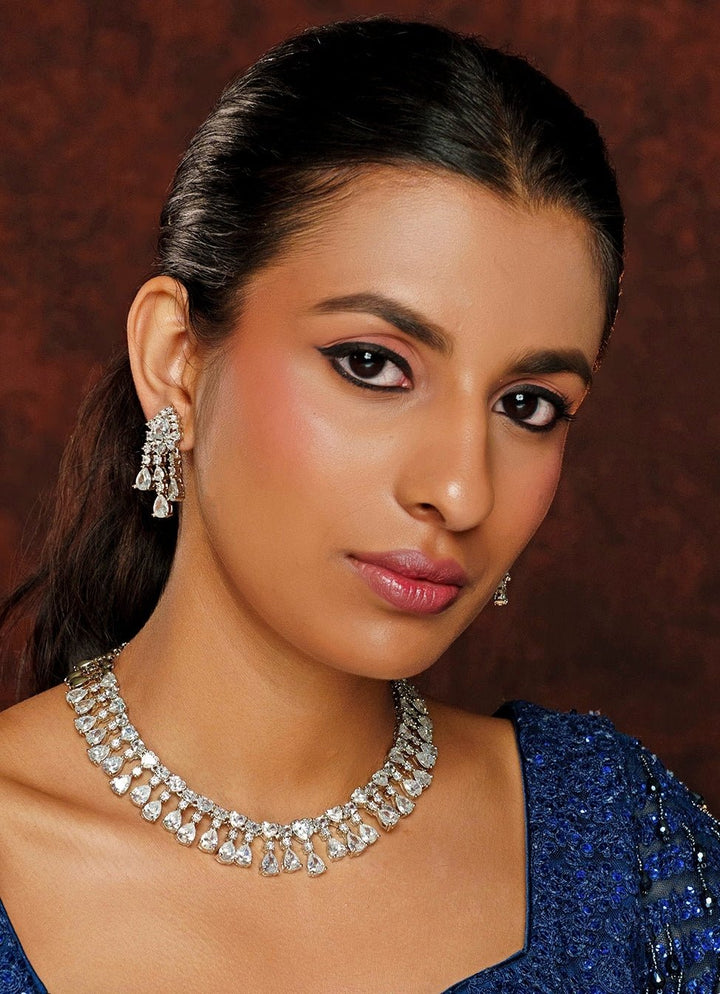 White Finish Drop Diamond Necklace Set Zevar By Geeta - Fabilicious Fashion