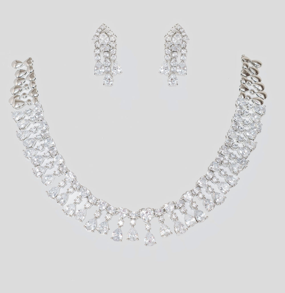 White Finish Drop Diamond Necklace Set Zevar By Geeta - Fabilicious Fashion